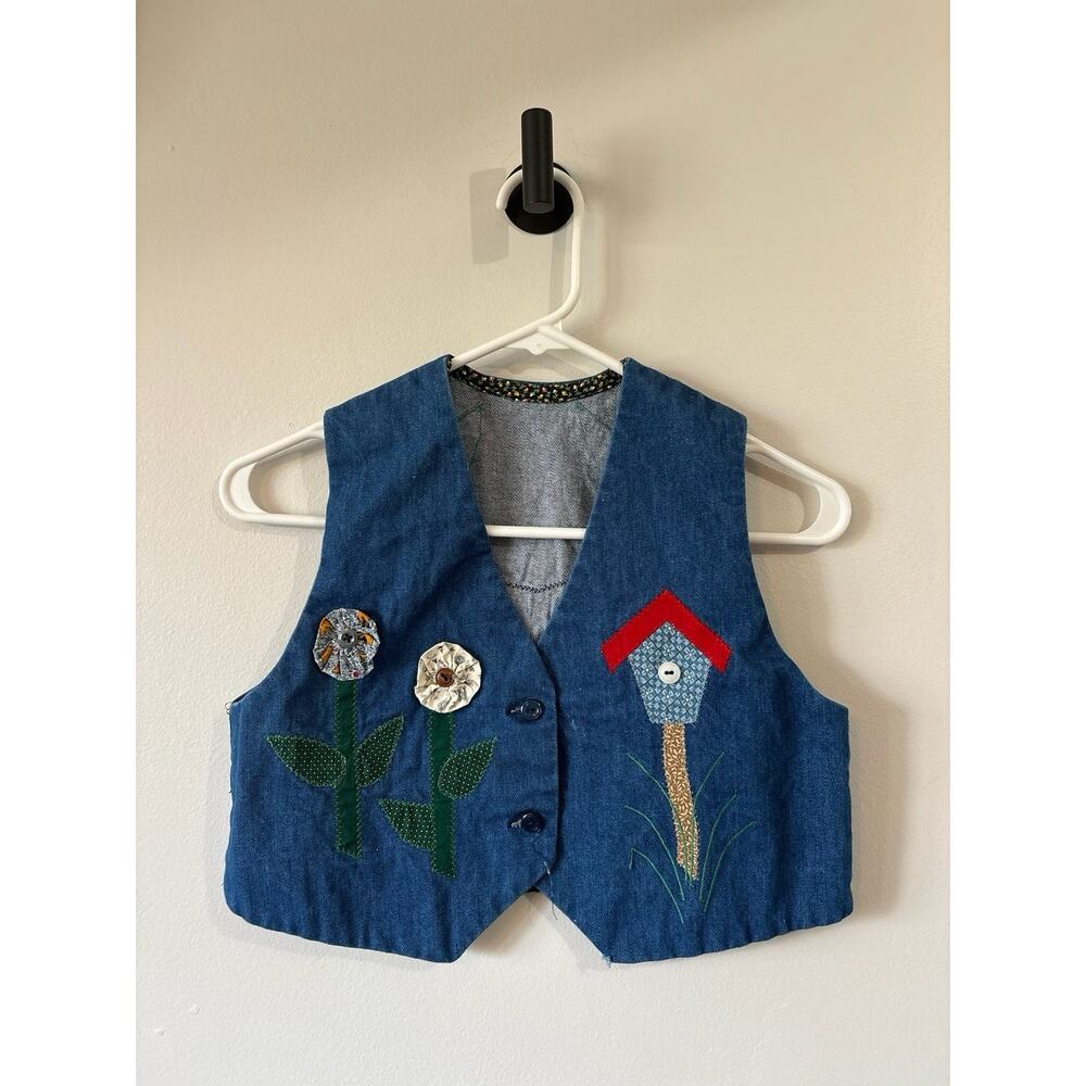 Vintage Kid's Denim Homemade Vest Cat Birdhouse Appliqué Homemade Adorable 8/10